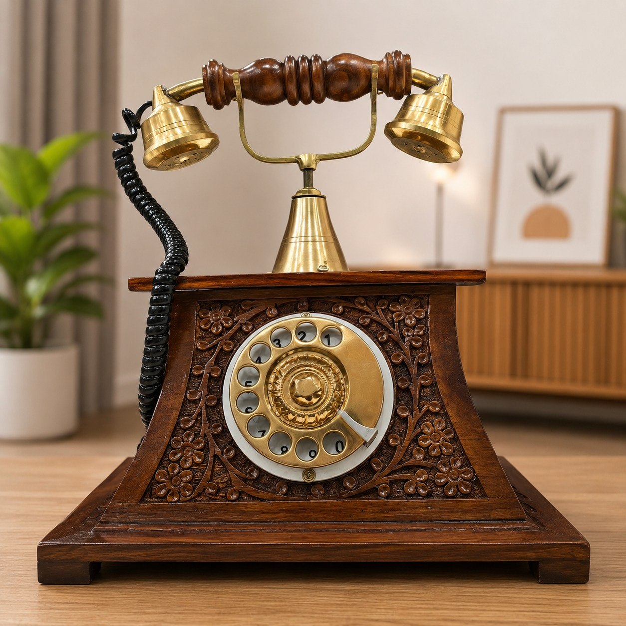 Handcrafted Vintage-Style Wooden Rotary Dial Telephone Showpiece