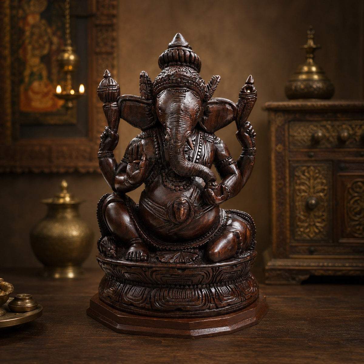 Hand-Carved Dark Wood Ganesha Statue
