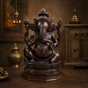 Hand-Carved Dark Wood Ganesha Statue