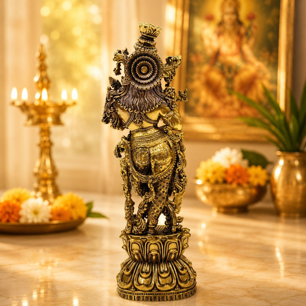 Intricate Brass Lord Krishna Playing the Flute Statue