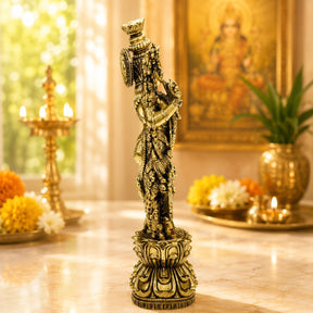 Intricate Brass Lord Krishna Playing the Flute Statue