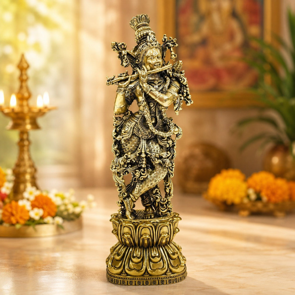 Intricate Brass Lord Krishna Playing the Flute Statue