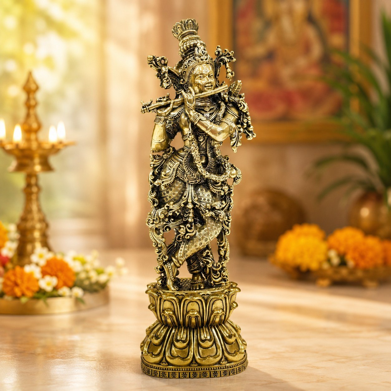 Intricate Brass Lord Krishna Playing the Flute Statue