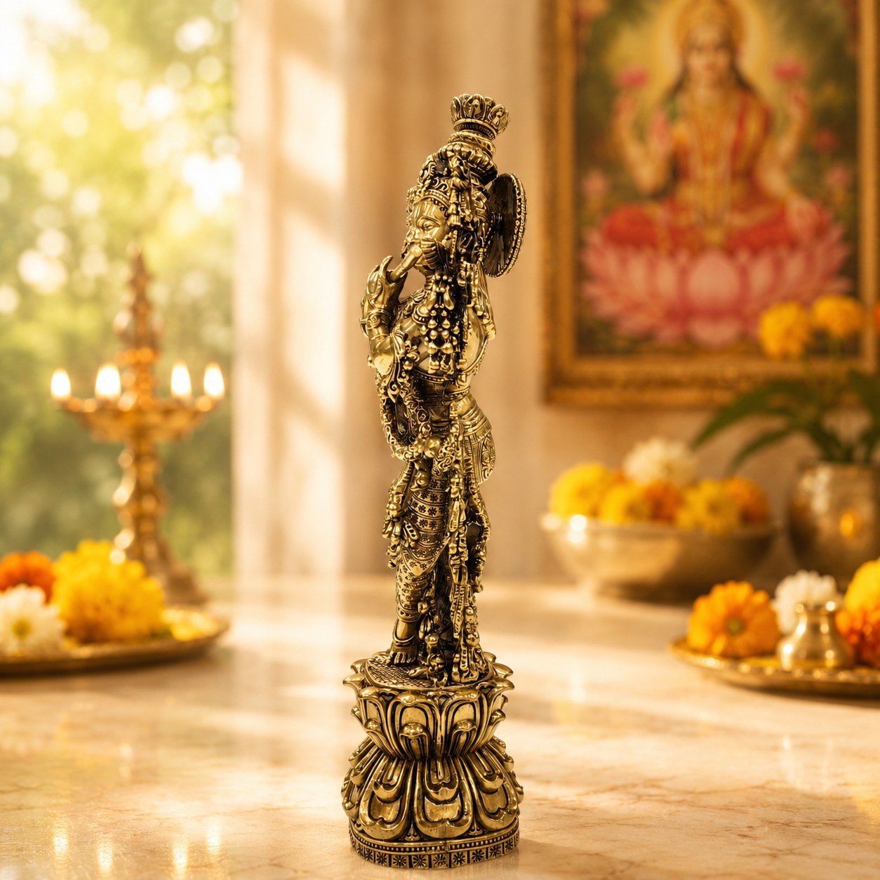 Intricate Brass Lord Krishna Playing the Flute Statue