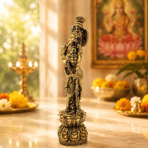 Intricate Brass Lord Krishna Playing the Flute Statue