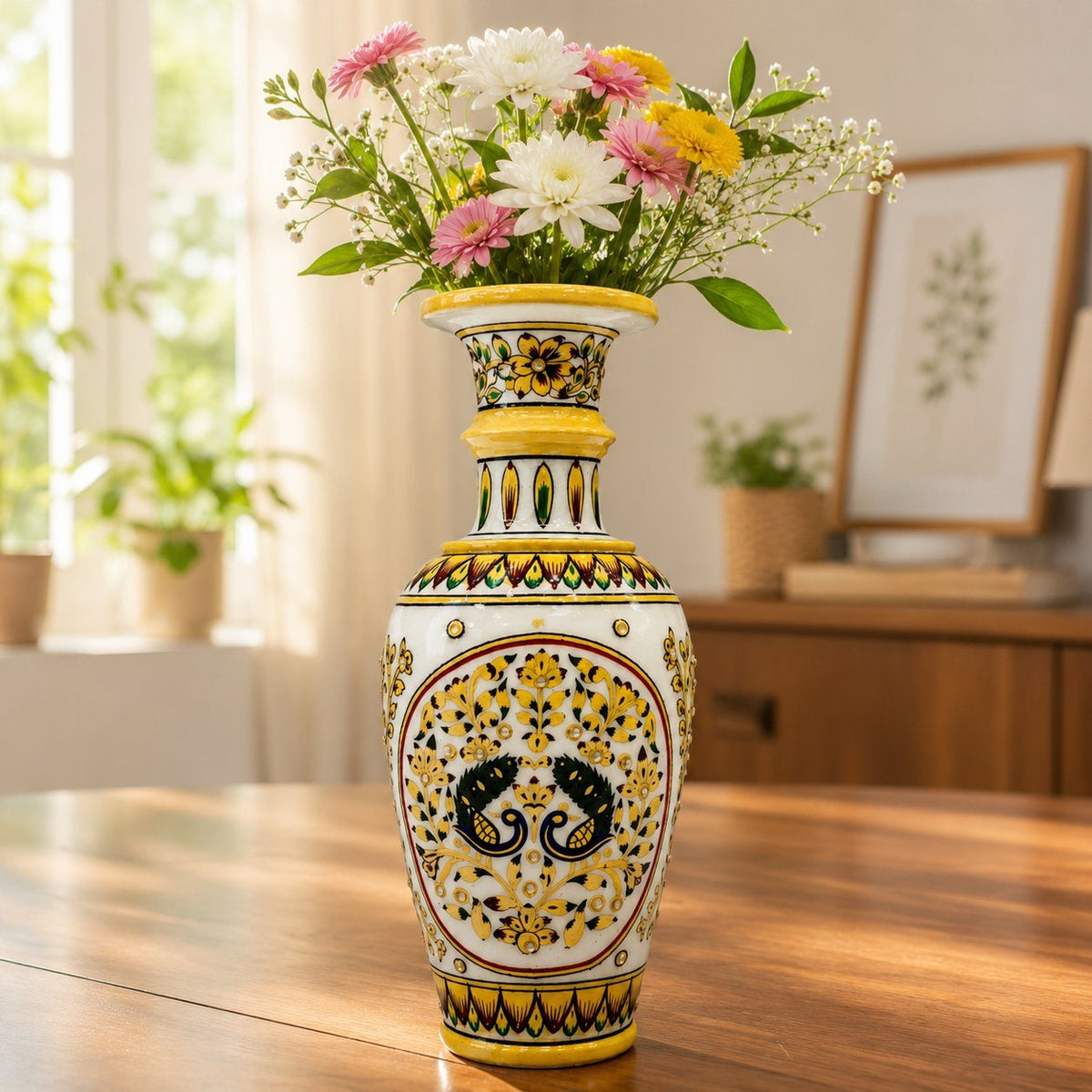 Peacock Painted Marble Flower Vase