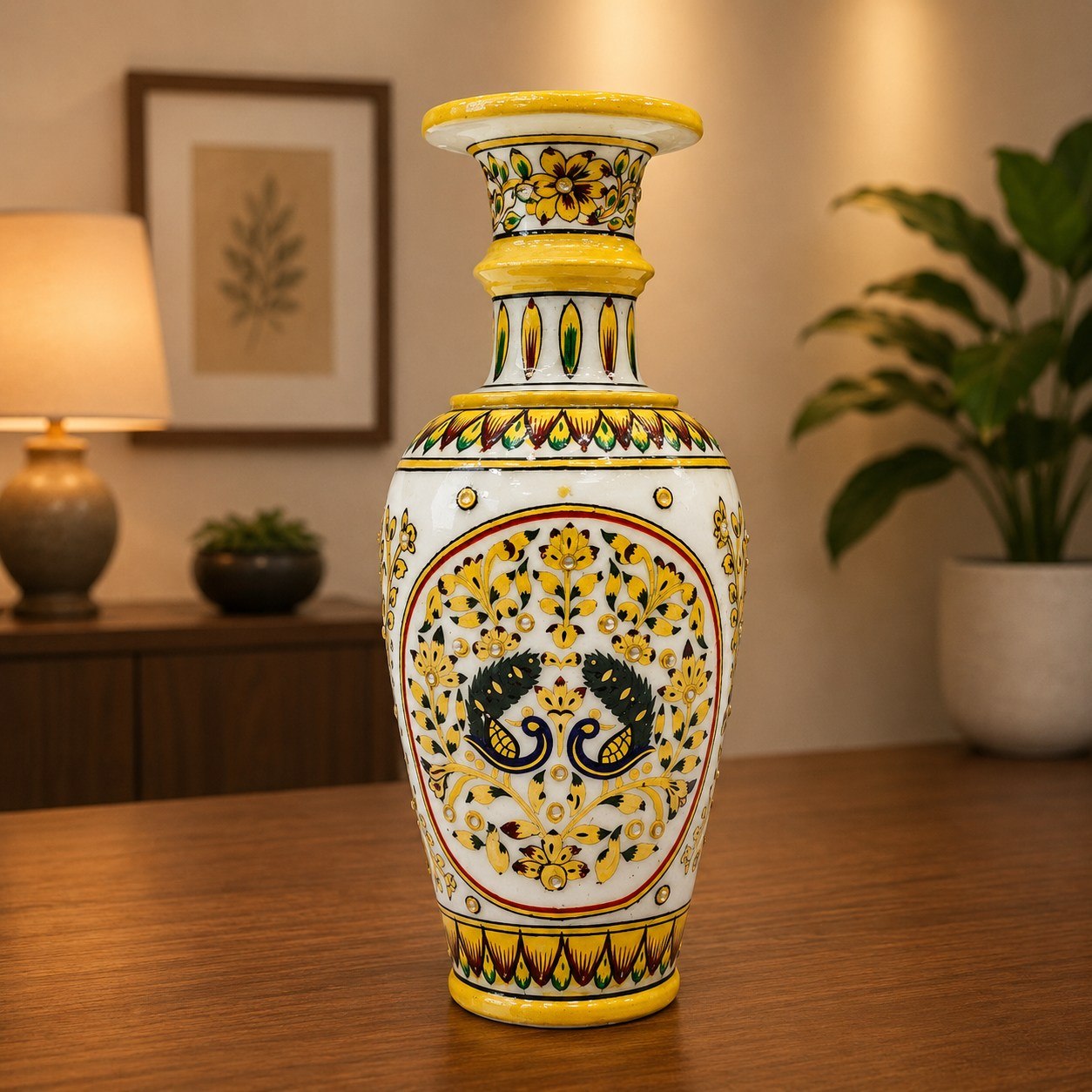 Peacock Painted Marble Flower Vase