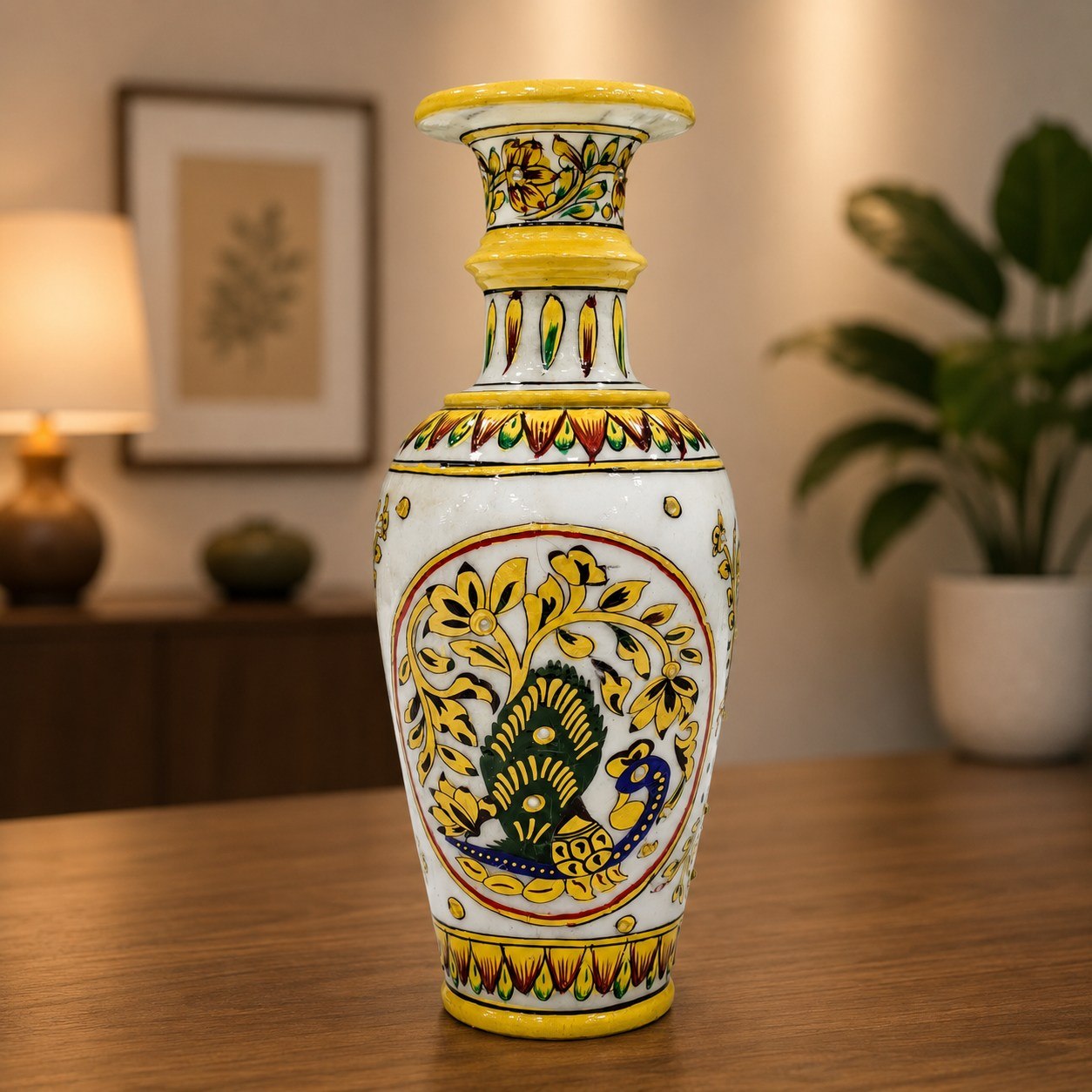 Peacock Painted Marble Flower Vase