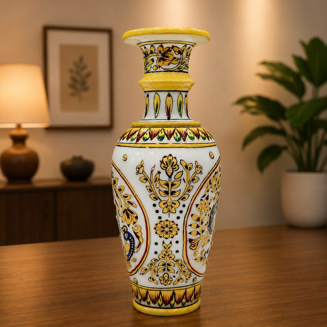 Peacock Painted Marble Flower Vase