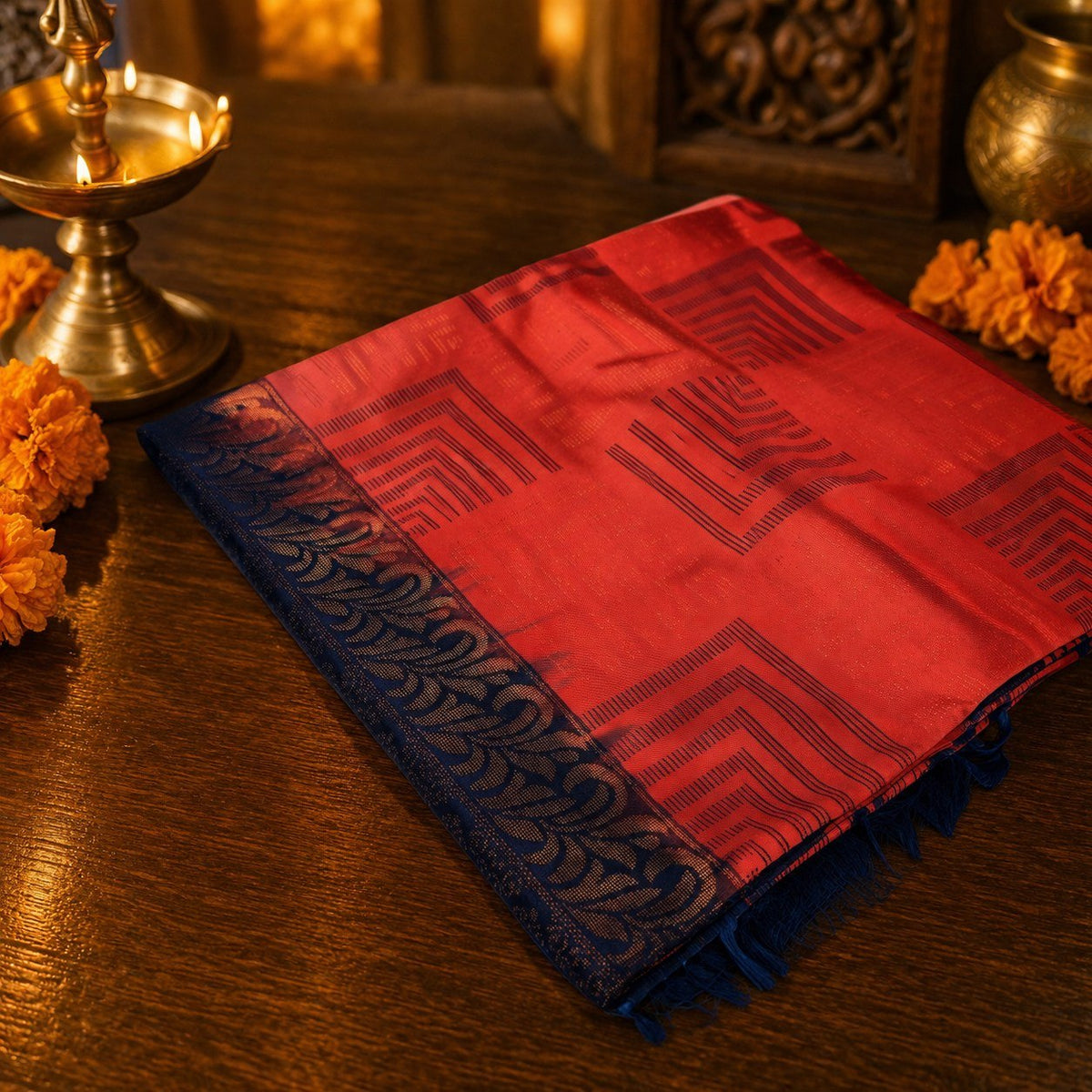 Red & Navy Blue Soft Silk Saree