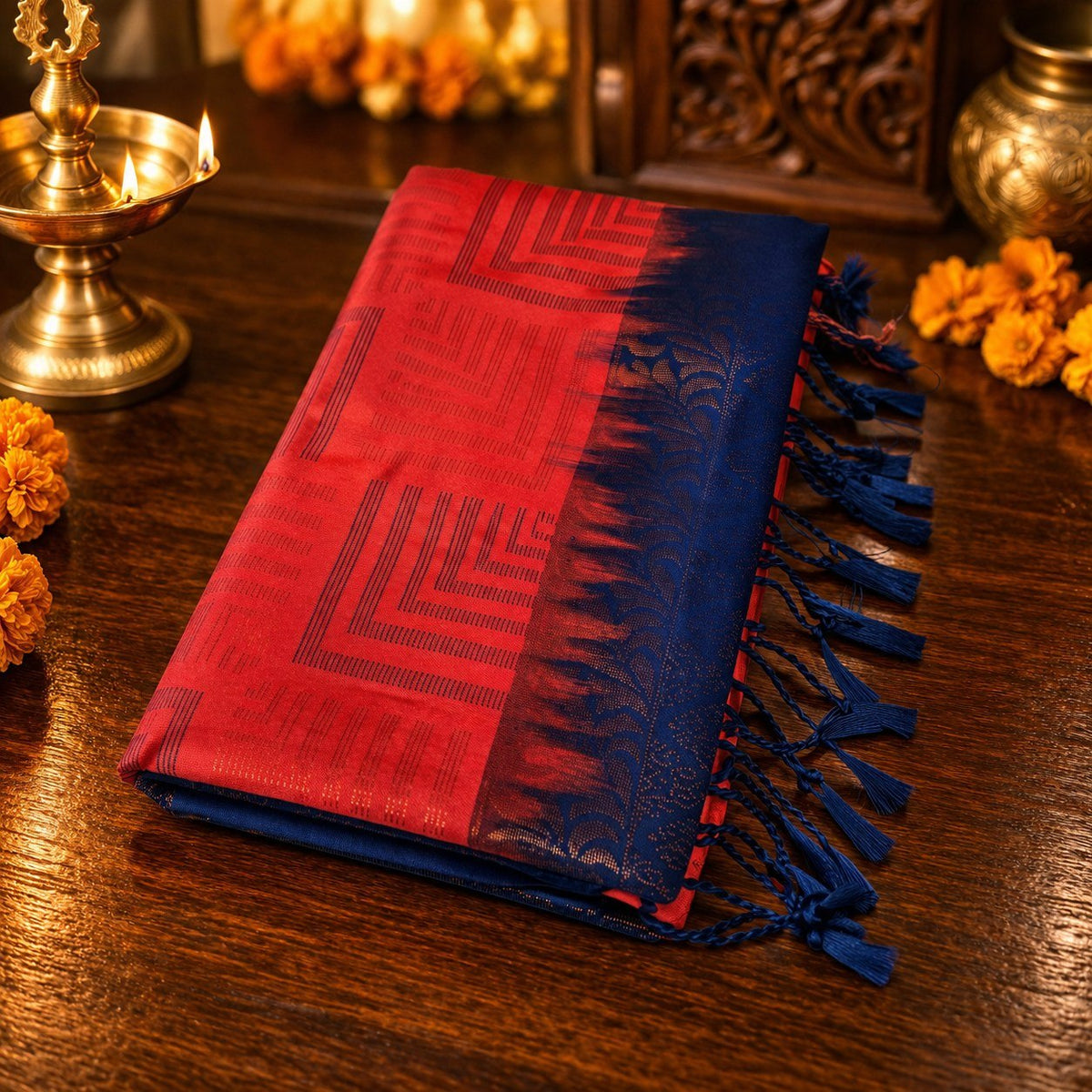 Red & Navy Blue Soft Silk Saree